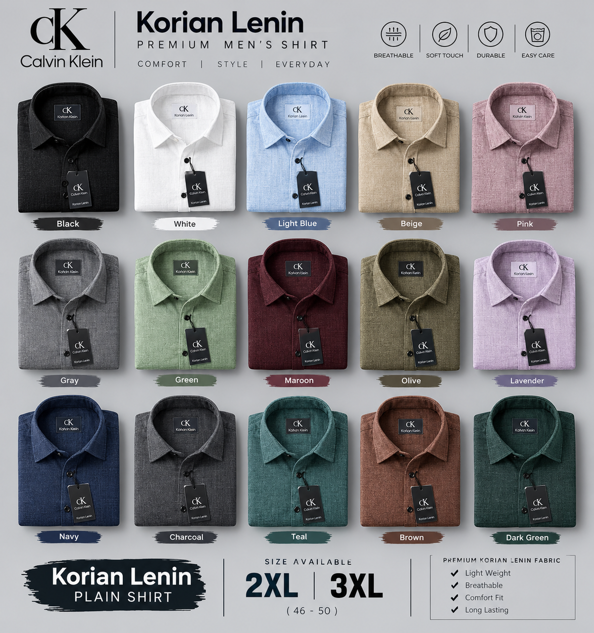 (Combo of 3)(2XL, 3XL) CK Linen Dobby Plain Shirt Rs.1150