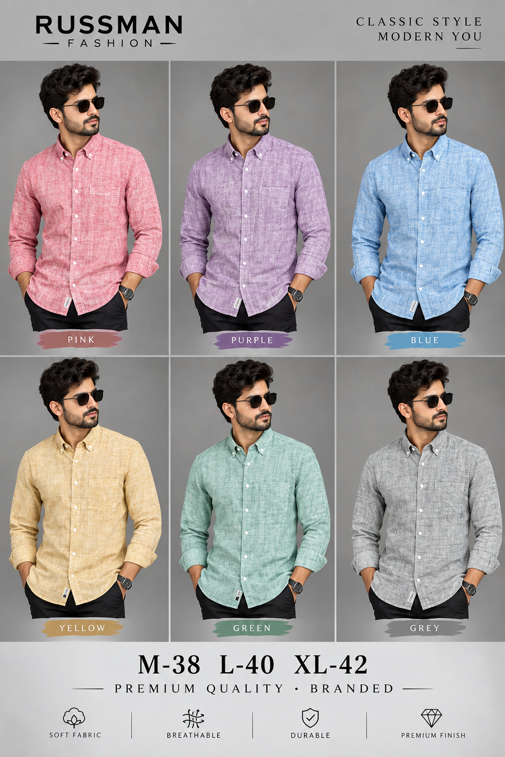 (Combo of 3)Russman khadi Cotton Lenin Plain Button Shirts Rs. 1150